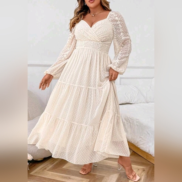 New Chic Dot Lace Sweetheart Bishop Sleeve Maxi Dress Ivory Cream - Picture 1 of 9